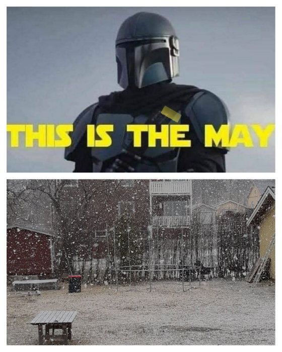 Bildkollage med Mandalorian-figur och texten "THIS IS THE MAY" över övre del, och snöfall över bakgård i den nedre delen.