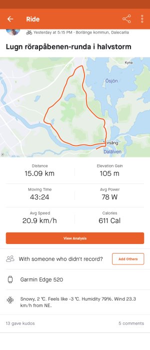 Skärmklipp av en aktivitetsöversikt från en cykeltur med karta, distans, tid, och väderinformation.