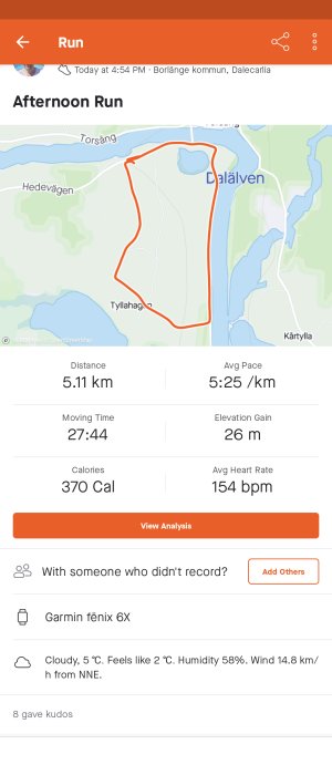 Skärmdump av löpningsapp med karta och statistik över en löprunda i Borlänge kommun, Dalarna, och löparprestation.
