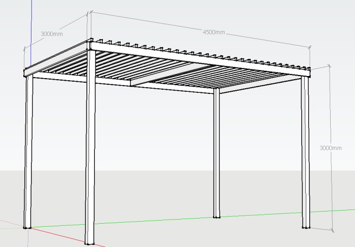 CAD-ritning av en trästomme för en pergola med måttangivelser och märkt med belastningskapacitet.