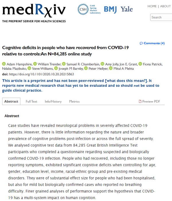 Skärmdump av forskningsförpublikation från medRxiv om kognitiva underskott hos personer som återhämtat sig från COVID-19.