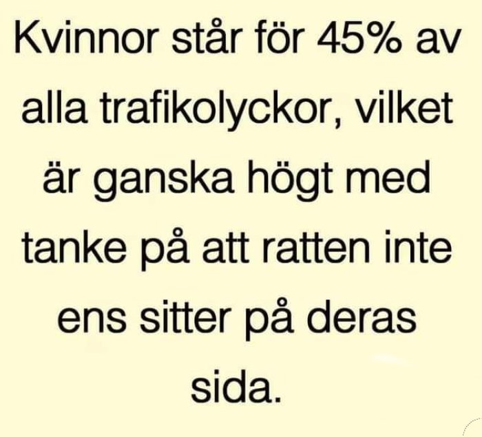 Meme-text som skämtsamt påstår att kvinnor orsakar 45% av trafikolyckorna trots att ratten inte är på deras sida.
