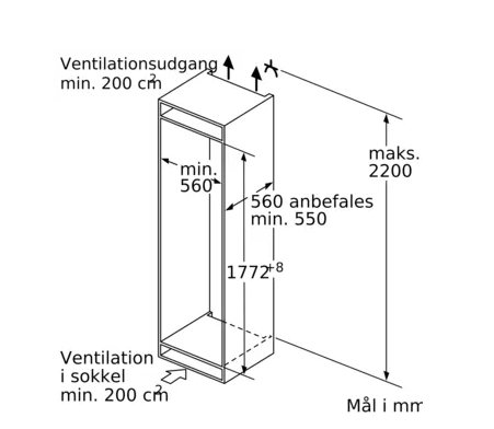 Ritning av högskåp för kyl med måttangivelser, inklusive höjd på 2200 mm och ventilationskrav.