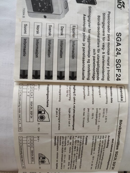 Bruksanvisning för en SGA24- eller SGF24-enhet, med kopplingsscheman, tekniska specifikationer, och text på flera språk.