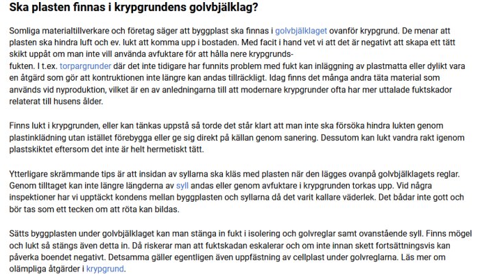 Skärmbild av en artikel som diskuterar om byggplast bör finnas i golvbjälklag ovanför krypgrund.