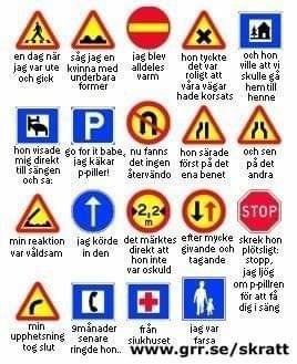 Kollage av europeiska vägskyltar med humoristiska texter som omformar deras ursprungliga mening.