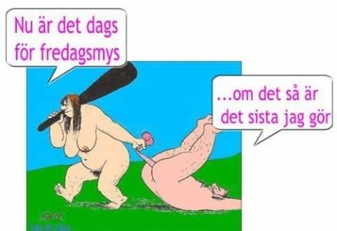 Illustration av en figur som drar en annan figur med en klubba och pratbubblor om fredagsmys.