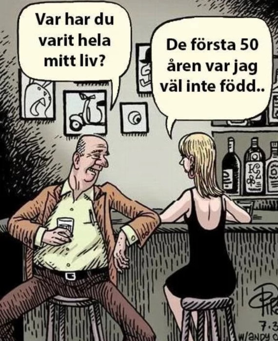 Seriebild av man och kvinna vid en bar där mannen svarar humoristiskt på kvinnans komplimang.