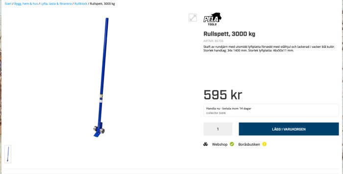 Blått rullspett av stål med metallhjul och långt handtag, designat för att lyfta 3000 kg.