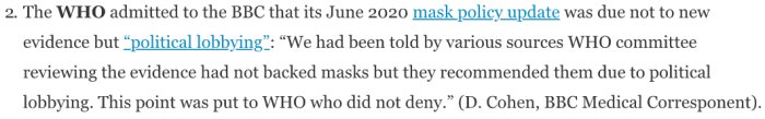 Textutdrag som citerar WHO och BBC om maskanvändning och politisk lobbying.