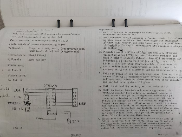 Öppen manual om temperaturreglering med tekniska diagram och justeringsinstruktioner, anteckningar gjorda med penna.