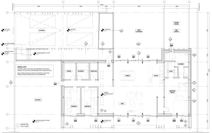 Arkitektritning av enplanshus på cirka 250 kvm med tydlig planlösning av rum och funktioner.