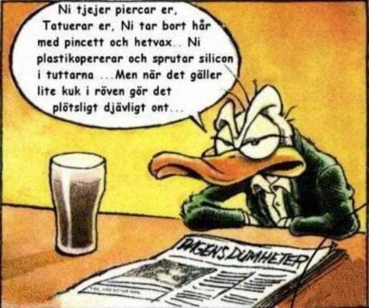 Illustration av en arg anka som läser tidningen "Dagens dumheter" med ett glas bredvid sig.