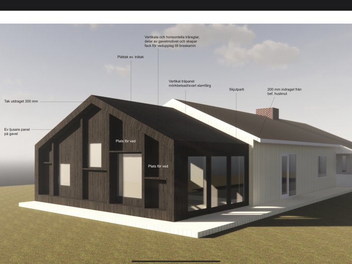 3D-rendering av en modern enplansvilla med mörk träpanel, vita fönsterpartier och skorsten.