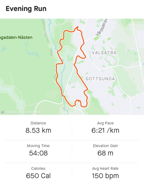 Karta med rutt för kvällslöpning markerad i rött, med statistik för distans, tid, kalorier och puls.