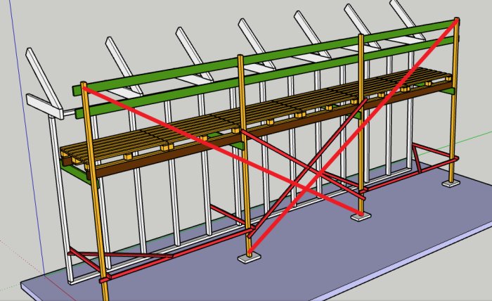 3D-modell av en konstruktionsställning med snedstöd, pallhyllor och säkerhetsdetaljer.