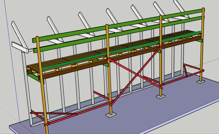 3D-modell av en byggställning med långa sneslår och glidskydd för bättre stabilitet.