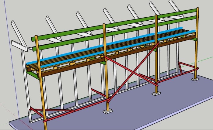 3D-modell av en hemmagjord ställning konstruerad av lastpallar och stöttas av triangelformade stag.