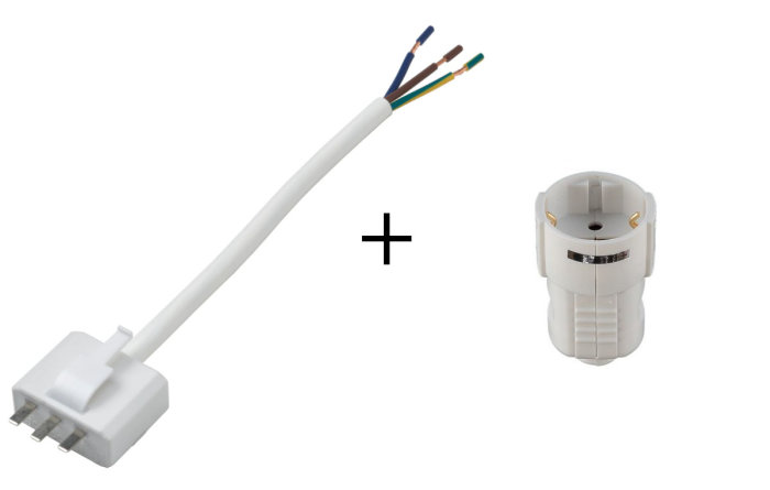 Jordad DCL-kontakt med kabel bredvid jordat skarvuttag mot vit bakgrund.