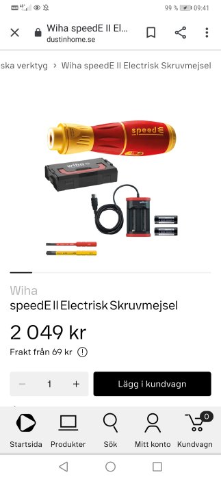 Wiha speedE II elektrisk skruvmejsel med laddare, extra bits och förvaringsbox.