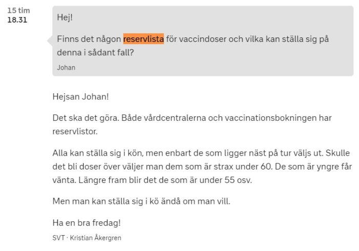 Skärmdump av en konversation om reservlistor för vaccination på SVT Nyheter Lokalt forum.