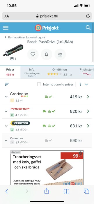 Skärmdump från Prisjakt visar Bosch PushDrive skruvdragare med prisjämförelser och en annons för trancheringsset.