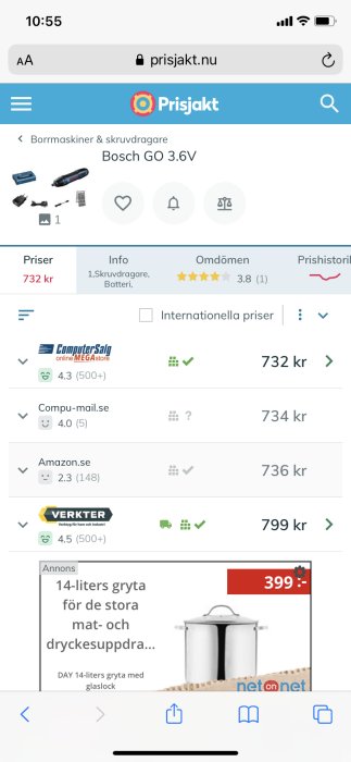 Skärmavbild av Prisjakt-webbsida som visar Bosch GO 3.6V skruvdragare och jämför priser hos olika återförsäljare.