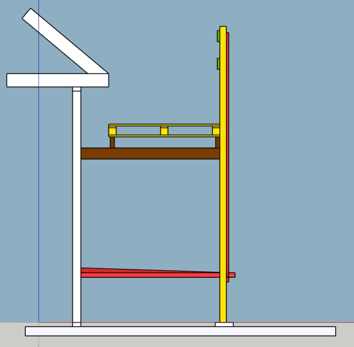 Schematisk bild av byggställning med förankring i vägg, bärlinor och diagonalstag.