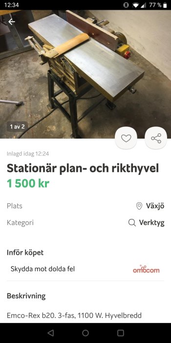 Stationär plan- och rikthyvel Emco-Rex b20 till salu i verkstadsomgivning, priset är 1500 kr.