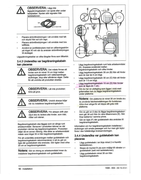 Sida ur en instruktionsmanual med diagram och text som beskriver placering av begränsningskabel för en automatisk gräsklippare.