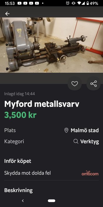 Myford Super 7 metallsvärv i ett garage, till salu för 3,500 kr i Malmö stad.