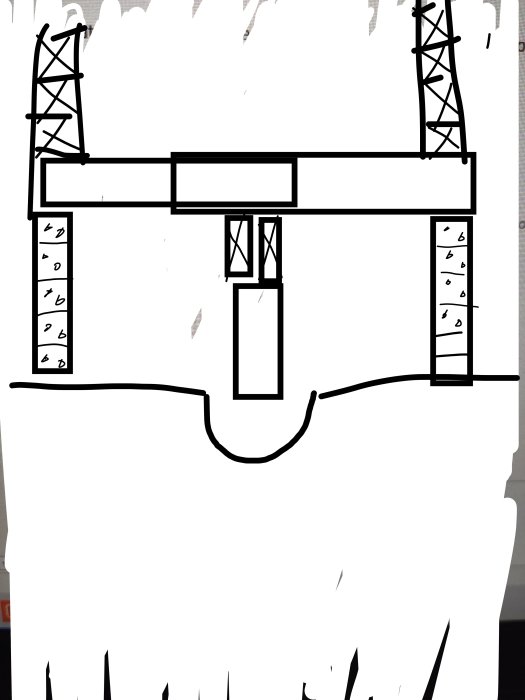 Skiss av en byggkonstruktion med bärlina, bjälklag och stolpar över en källargrund.