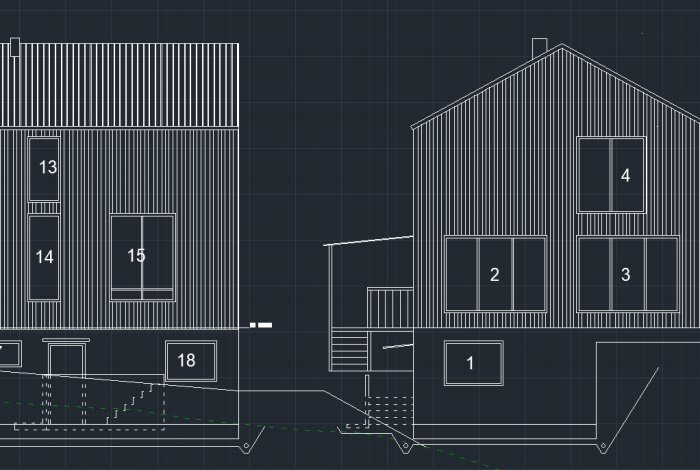 Arkitektonisk ritning av ett hus med numrerade fönsterplatser, inklusive en trappa och plattform.