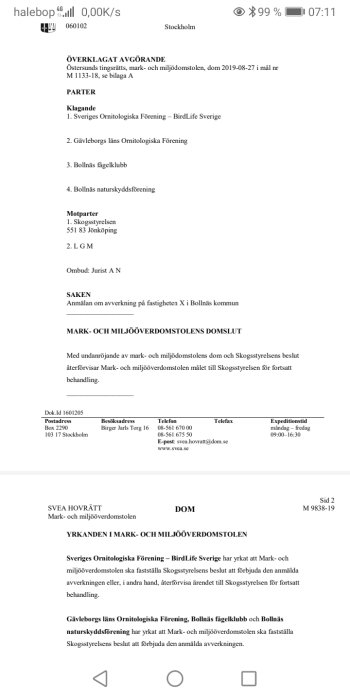 Skärmdump av en domslut med text relaterad till mark-och miljödomstolens beslut om avverkning.