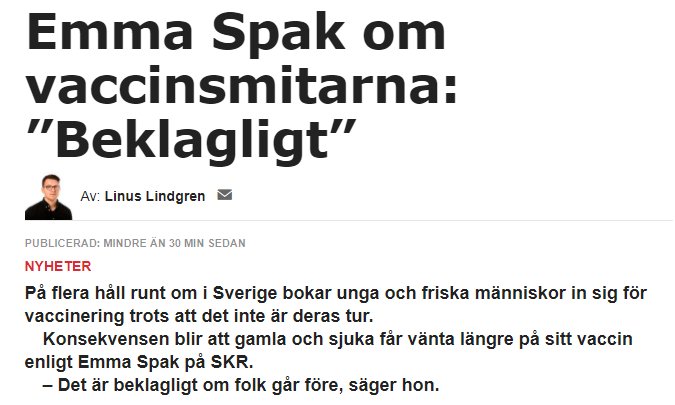 Artikelrubrik med texten "Emma Spak om vaccinsmitarna: 'Beklagligt'" från Aftonbladet.