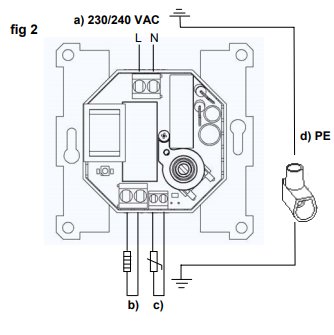 Illustration av en termostatinstallation med betecknade anslutningar för 230/240 VAC och märkningar a, b, c och d för olika delar.