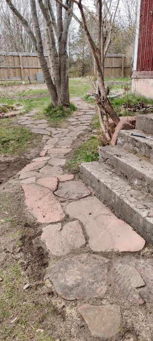 Ny anlagd stig med oregelbundna stenplattor i en trädgård, leder mot en trappa och ett rött hus.