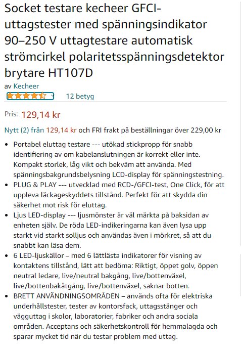 Screenshot av en produktbeskrivning för en keecher GFCI-uttagstestare med funktioner och pris listade.