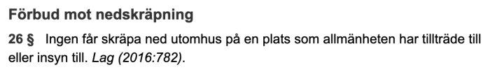Text från miljöbalken med förbud mot nedskräpning enligt paragraf 26 kapitel 15.