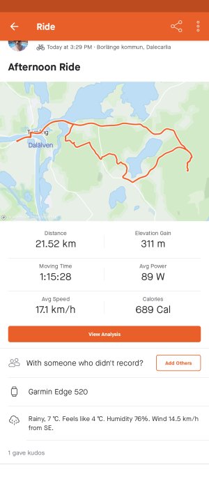 Skärmavbild av cykelturdata inklusive karta, distans, höjdförändring och tid från en aktivitetsspårningsapp.