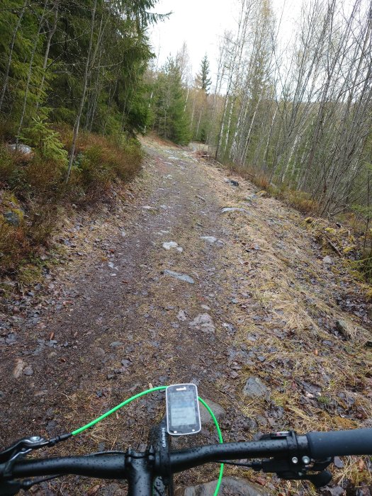 Mountainbikestyret med GPS-enhet framför en skogsstig under höst.