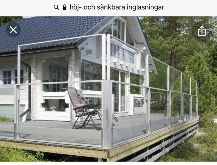 Glasräcke runt en träaltan vid ett hus, möjligt att diskutera höj- och sänkbar konstruktion.