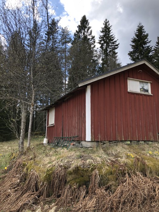 Rödmålat träuthus på en kuperad gräsplätt omgiven av skog, med en vit dörr och fönster, samt en stege lutad mot väggen.