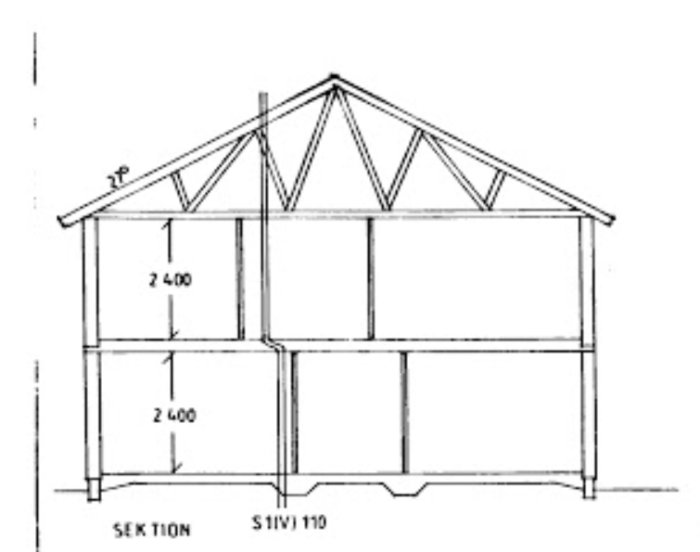 Ritning av ett hus med sektionssnitt som visar väggars uppbyggnad med måttsättning, indikerar husets modulkonstruktion från 1989.