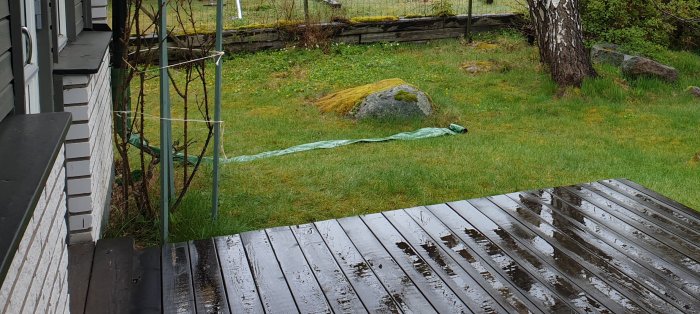 Vy från altan med våt uteplats och gräsmatta, träkant markerar tomtgräns, grön plastduk på marken.
