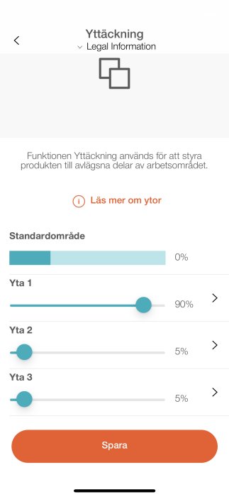 Skärmdump av inställningsmenyn för yttäckning med fördelning av arbetet mellan olika zoner i en robotprodukt.