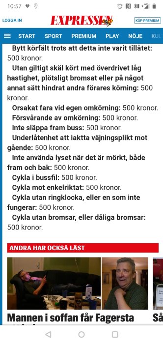 Skärmbild av en artikel från Expressen med en lista över bötesbelopp för olika trafikförseelser.