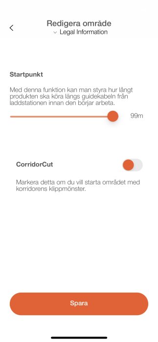 Skärmdump av en mobilapplikation för inställning av klippområde med sliders och växlingsknapp.