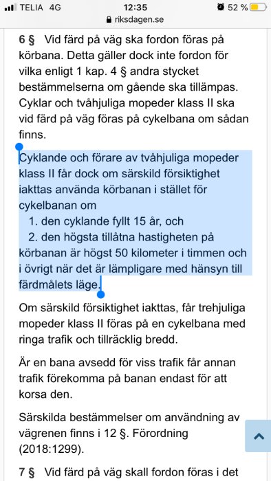 Skärmdump av en webbsida med trafikförordning gällande cykling och mopedkörning på väg.