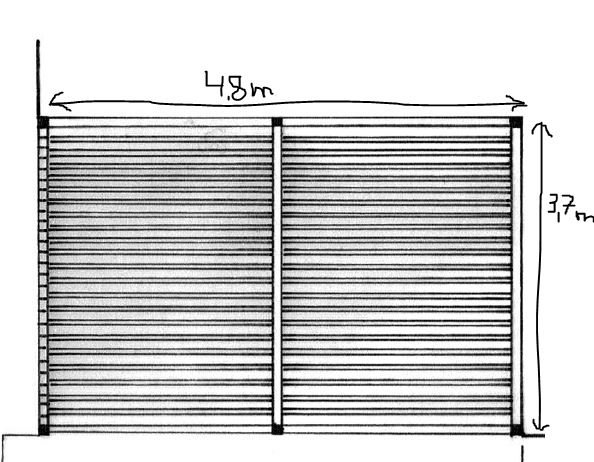 Handritad skiss av planerad pergola med dimensioner markerade, ram och ribbor syns.